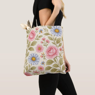 Vintage Floral Pattern with Roses and Daisies Tote Bag