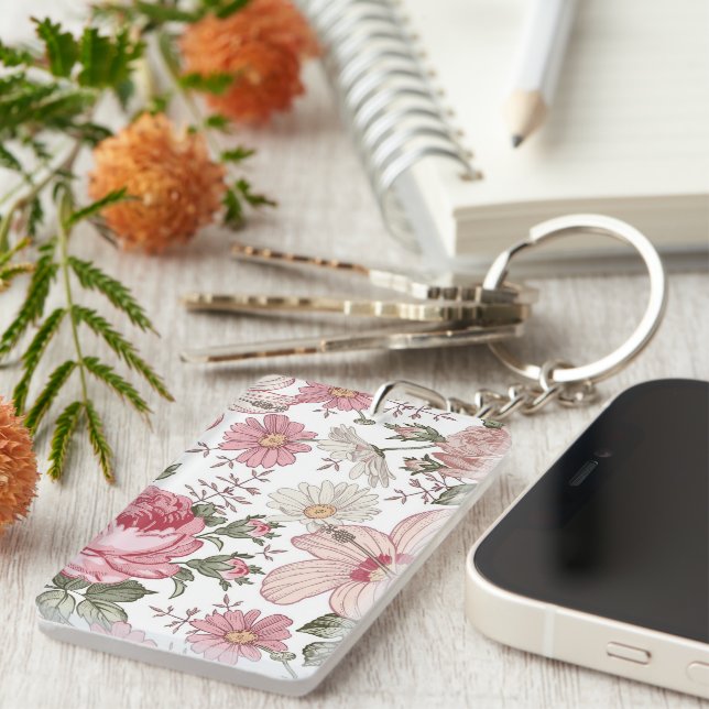 Vintage Floral Pattern with Roses Key Ring (Front Right)