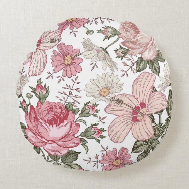 Vintage Floral Pattern with Roses Round Cushion (Front)