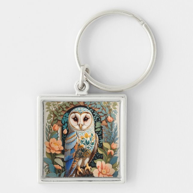 Vintage Floral Patterned Barn Owl Key Ring (Front)