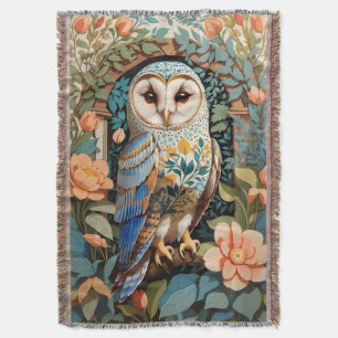 Vintage Floral Patterned Barn Owl Throw Blanket