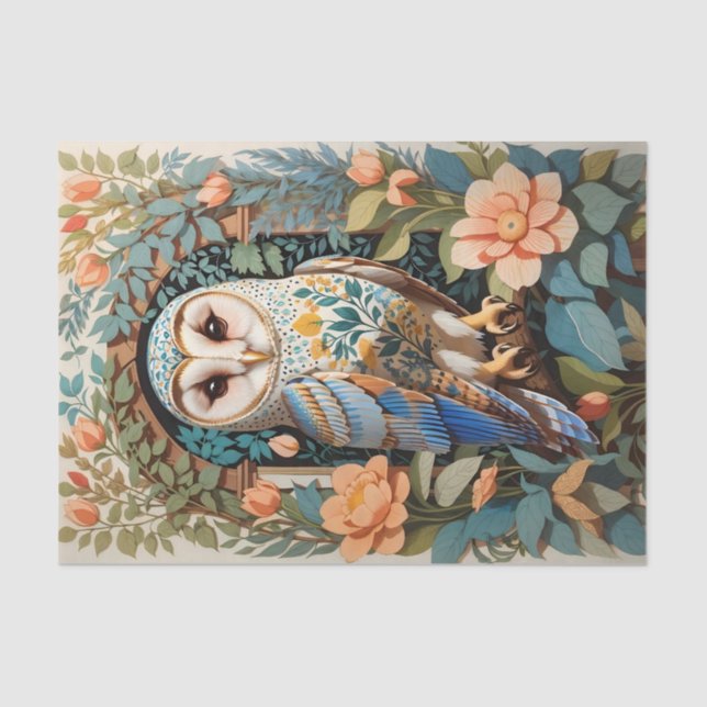 Vintage Floral Patterned Barn Owl Tissue Paper (Front)