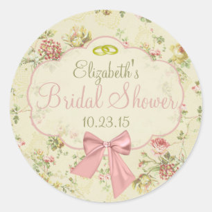 Vintage Floral Peach Bow Bridal Shower Classic Round Sticker