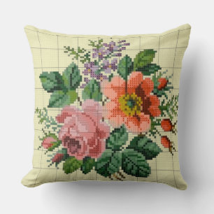 Vintage Floral Peach & Pink Flower Needlepoint Cushion
