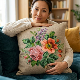 Vintage Floral Peach & Pink Flower Needlepoint Cushion