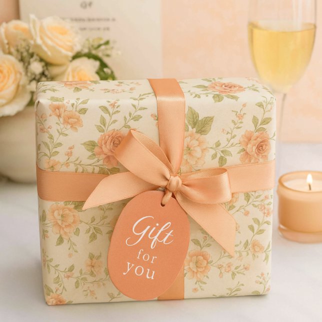 Vintage Floral Peach Rose  Wrapping Paper (Vintage Peach Rose Gift Wrap with Satin Bow Elegant Wedding Table Scene)