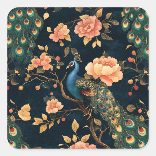 Vintage Floral Peacock Pattern Square Sticker