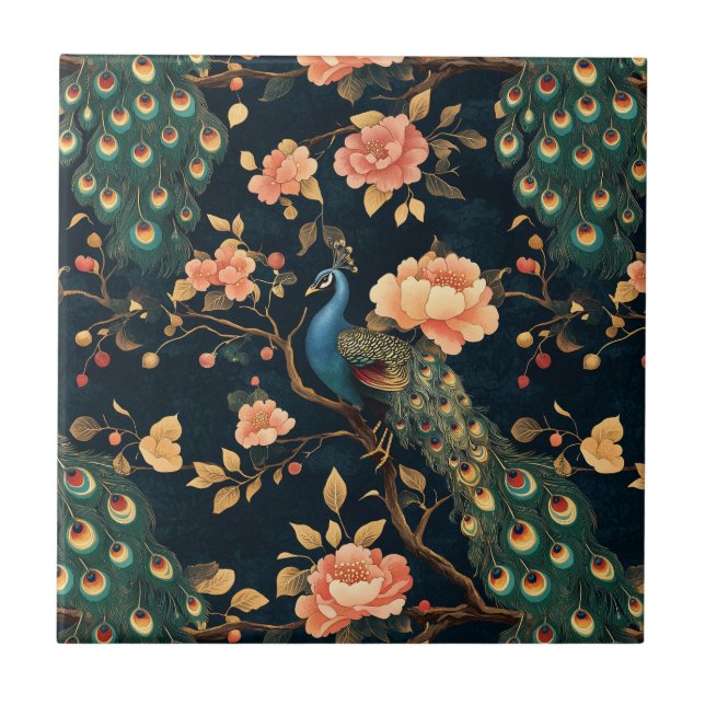Vintage Floral Peacock Pattern Tile (Front)