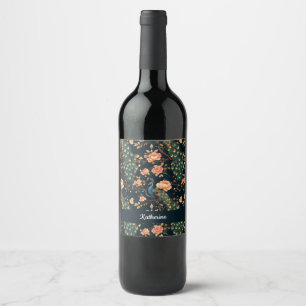 Vintage Floral Peacock Pattern Wine Label