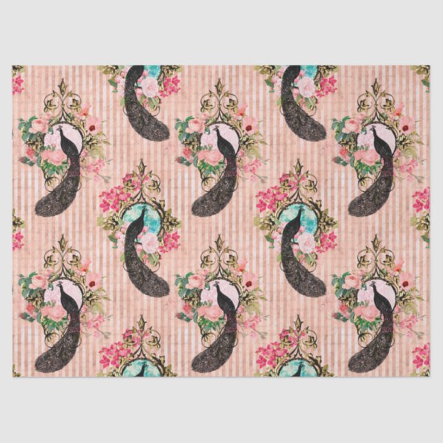 Vintage Floral Peacock Pink Decoupage Tissue Paper (Front)