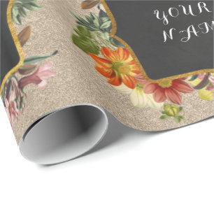 Vintage Floral Peony Personalized Name Pearly Rose Wrapping Paper