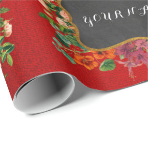 Vintage Floral Peony Personalized Name Red Rose Wrapping Paper