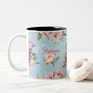 Vintage Floral Personalised Peony Pattern Two-Tone Coffee Mug