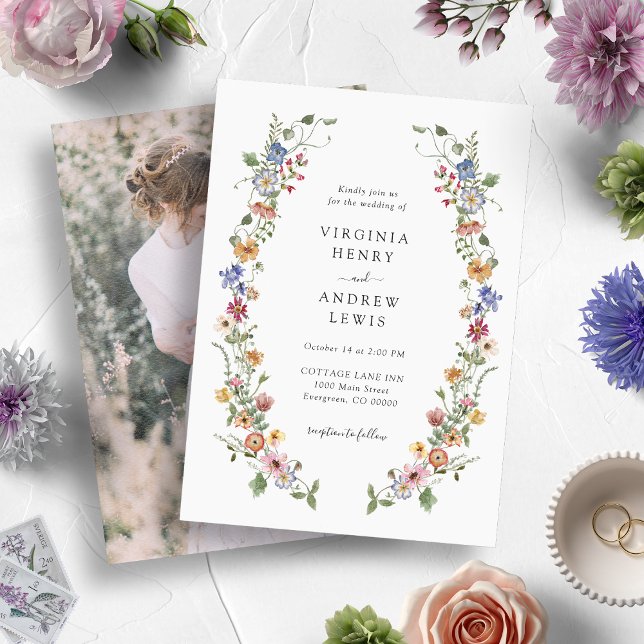 Vintage Floral Photo Wedding Invitation (Watercolor Vintage Colorful Wildflower Wedding Invitations by Painted Paperie)