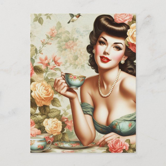 Vintage Floral Pin Up Postcard (Front)