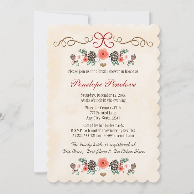 Vintage Floral Pinecone Christmas Bridal Shower Invitation (Front)