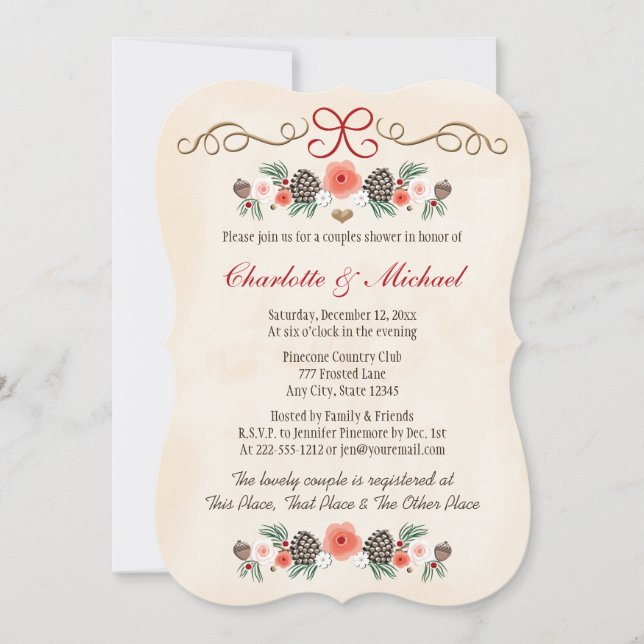 Vintage Floral Pinecone Christmas Couples Shower Invitation (Front)