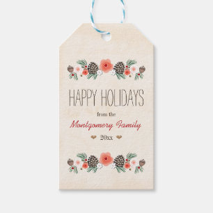 Vintage Floral Pinecone Happy Holiday Gift Tag