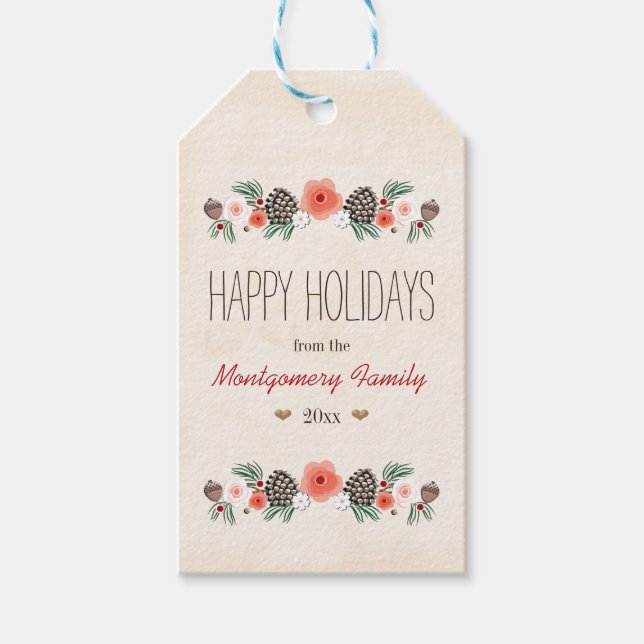 Vintage Floral Pinecone Happy Holiday Gift Tag (Front)
