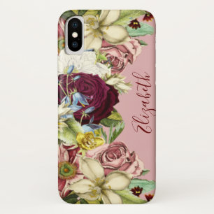 Vintage Floral Pink Burgundy Name iPhone X Case