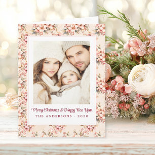 Vintage Floral Pink Christmas Customisable Card