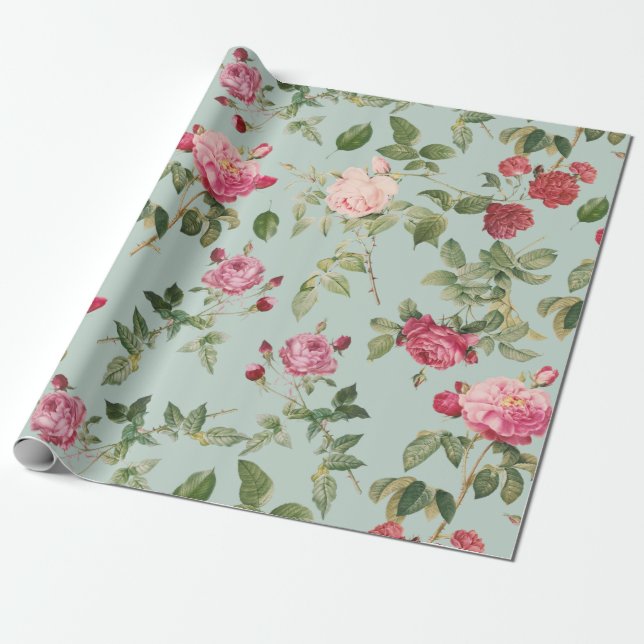 Vintage Floral Pink Country Rose Wrapping Paper (Unrolled)