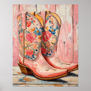 Vintage Floral Pink Cowgirl Boots Western Poster