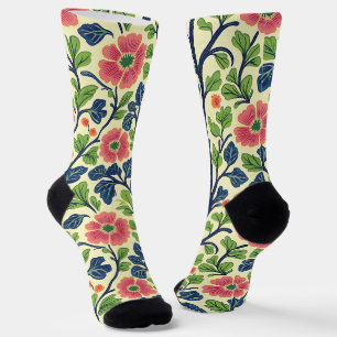 Vintage Floral Pink Flowers Lush Green Foliage Socks