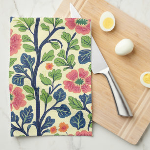 Vintage Floral Pink Flowers Lush Green Foliage Tea Towel