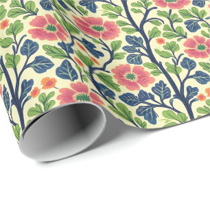 Vintage Floral Pink Flowers Lush Green Foliage Wrapping Paper