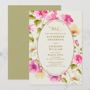 Vintage floral Pink flowers rose gold Wedding Invitation