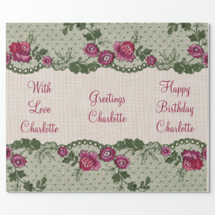 Vintage Floral Pink Linen Lace Personalized Wrapping Paper