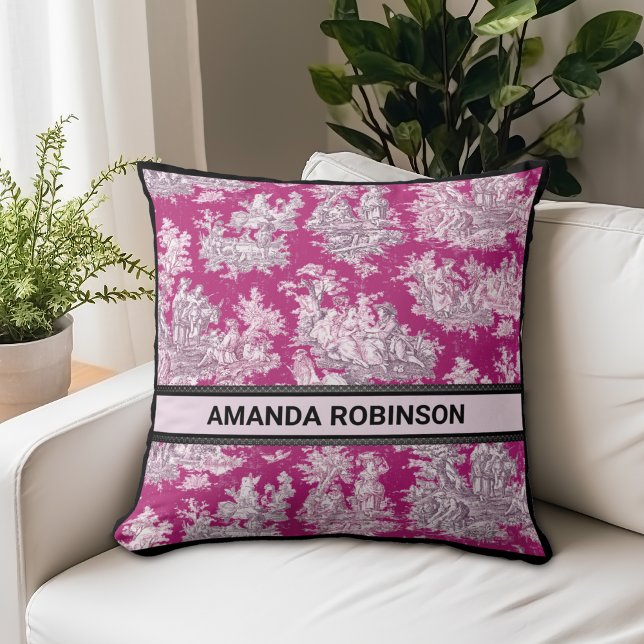 Vintage floral pink magenta toile de jouy monogram cushion (Creator Uploaded)