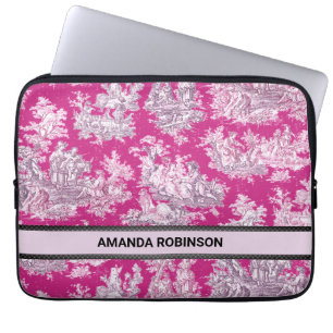 Vintage floral pink magenta toile de jouy monogram laptop sleeve