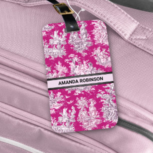 Vintage floral pink magenta toile de jouy monogram luggage tag