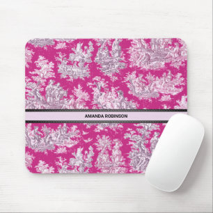 Vintage floral pink magenta toile de jouy monogram mouse mat