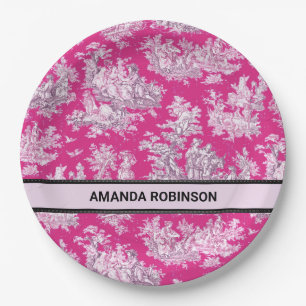 Vintage floral pink magenta toile de jouy monogram paper plate