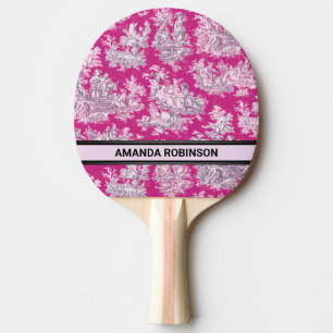 Vintage floral pink magenta toile de jouy monogram ping pong paddle