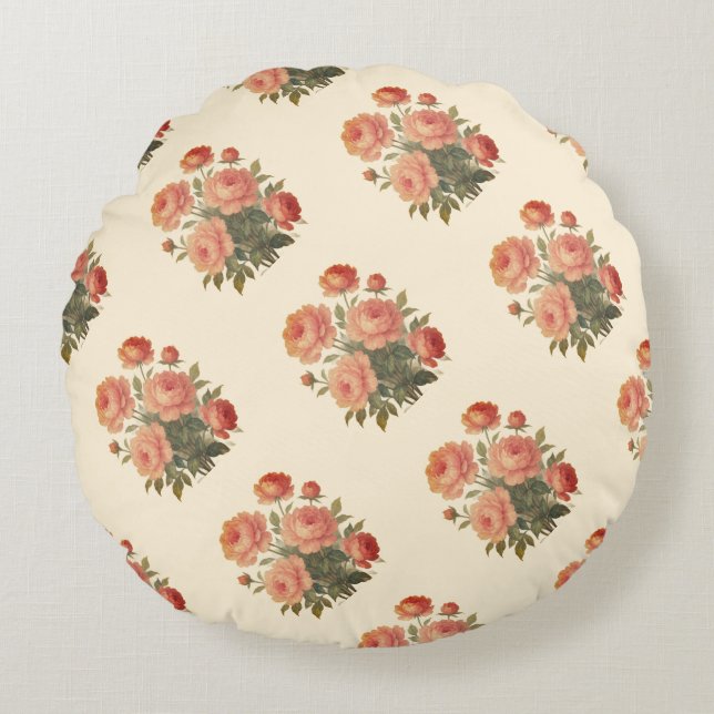 Vintage Floral Pink Peonies  Round Cushion (Front)