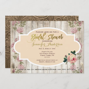 Vintage Floral Pink Rose Rustic Wood Bridal Shower Invitation