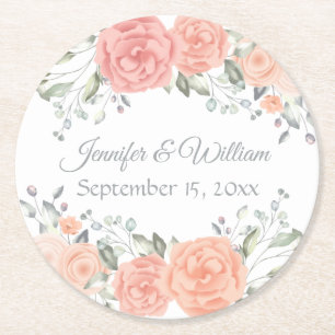 Vintage Floral Pink Rose Watercolor Wedding Summer Round Paper Coaster