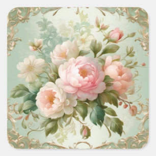 Vintage Floral PInk Roses Elegant Square Sticker