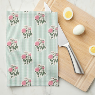 Vintage Floral Pink Roses Green Striped Tea Towel