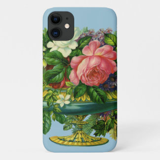 Vintage Floral Pink Roses, Vase of Flowers iPhone 11 Case
