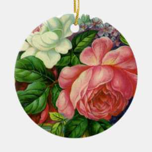 Vintage Floral Pink Roses, Vase of Flowers Ceramic Tree Decoration