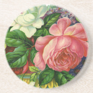 Vintage Floral Pink Roses, Vase of Flowers Coaster