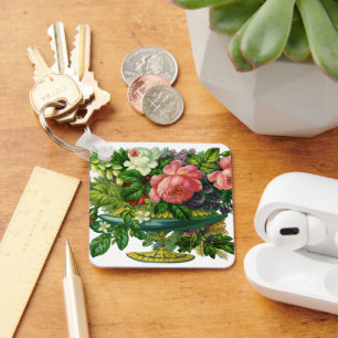 Vintage Floral Pink Roses, Vase of Flowers Key Ring