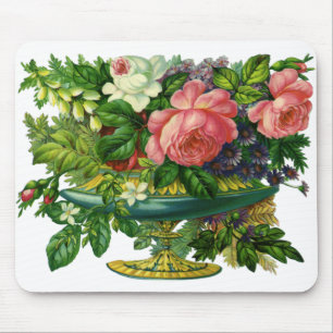 Vintage Floral Pink Roses, Vase of Flowers Mouse Mat