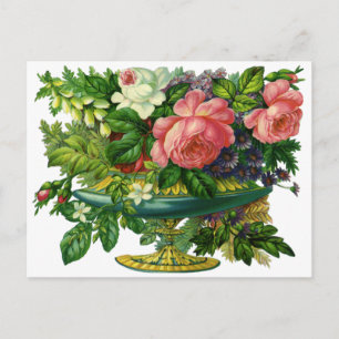 Vintage Floral Pink Roses, Vase of Flowers Postcard