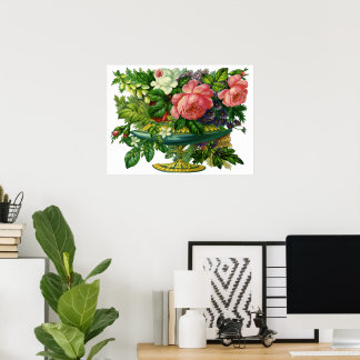 Vintage Floral Pink Roses, Vase of Flowers Poster